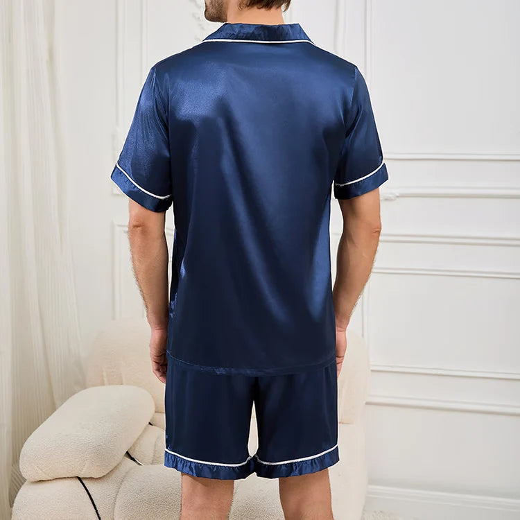 Men Satin Summer Sleepwear Pajama Set  Button-Down Shirt & Elastic Waist Shorts  Comfortable Pajamas for Home