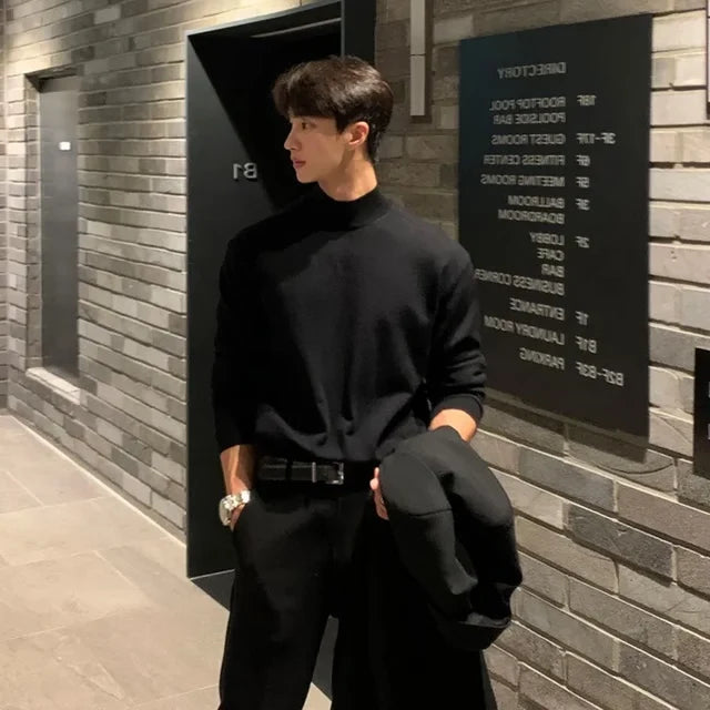 Mens Sweater - Half Polo Turtle Neck - Loose Fit Knit Top - Autumn Winter Base Layer