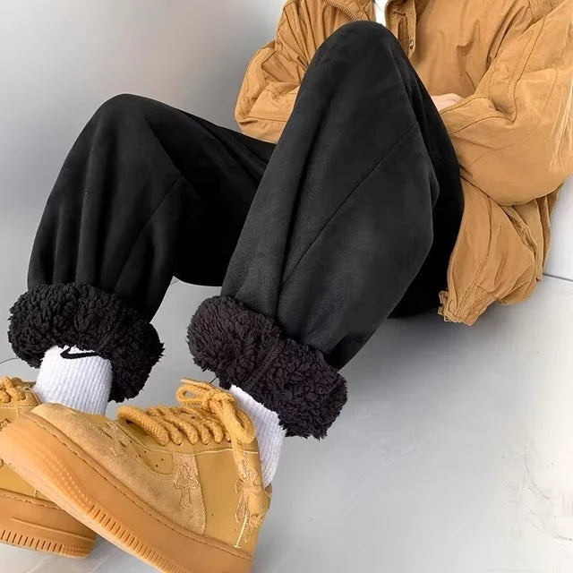 Men's Winter Ski Pants Lamb Wool Insulation Thickened Fleece Lining Trendy Deer Pattern Northeast Style Outerwear