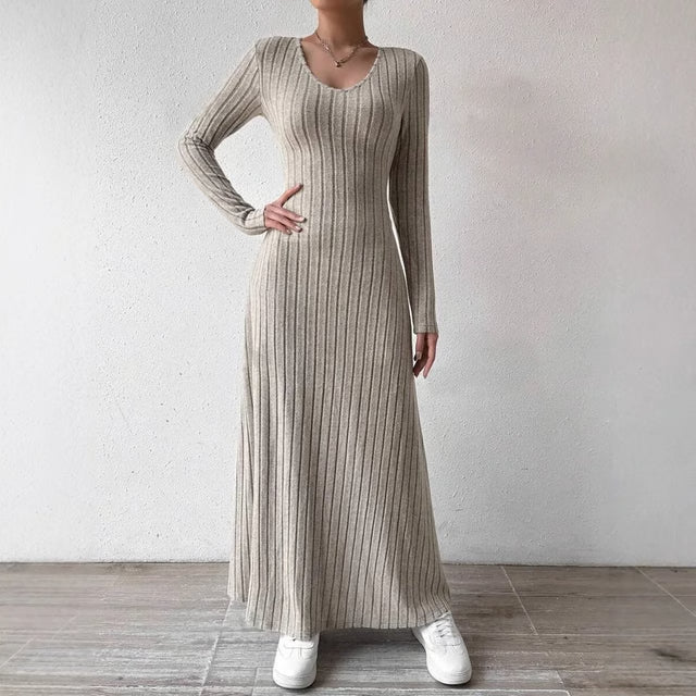 Elegant Knitted Long Sleeve Dress for Women Slimming A Line Dress Maxi Style