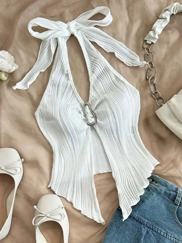 Aura V Neck Backless Halter Crop Top Chic Summer Festival Wear