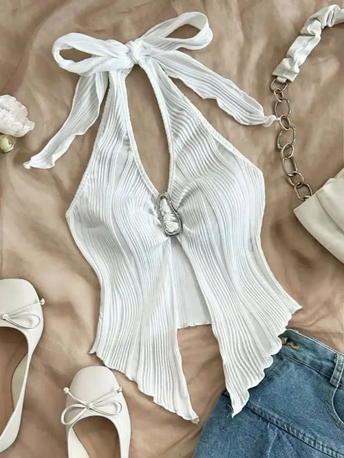 Aura V Neck Backless Halter Crop Top Chic Summer Festival Wear