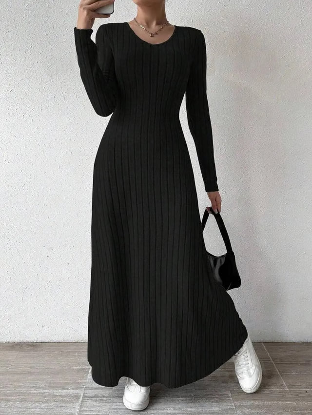 Elegant Knitted Long Sleeve Dress for Women Slimming A Line Dress Maxi Style