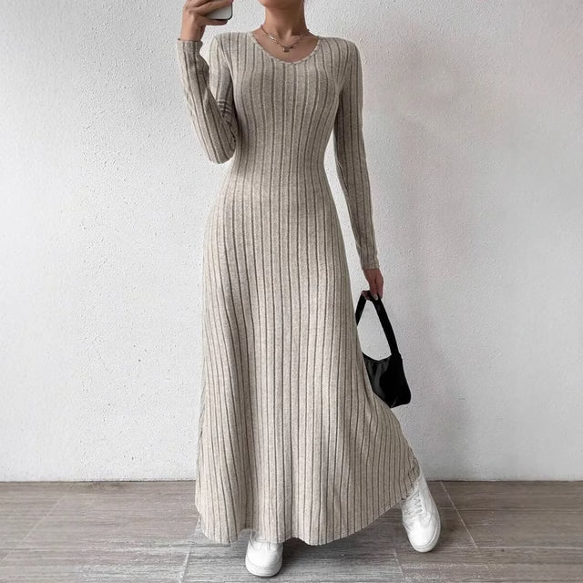 Elegant Knitted Long Sleeve Dress for Women Slimming A Line Dress Maxi Style