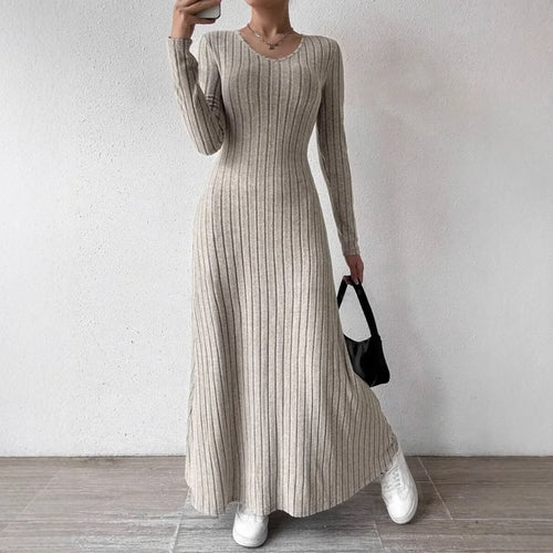 Elegant Knitted Long Sleeve Dress for Women Slimming A Line Dress Maxi Style