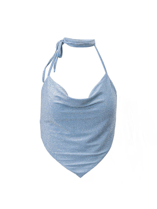 Glitter Halter Top Women Silk Ruched Backless Crop Top Summer Party Outfit