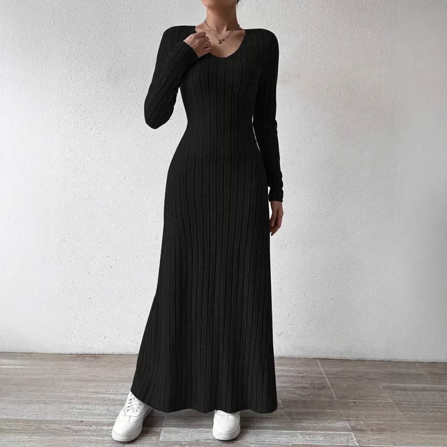 Elegant Knitted Long Sleeve Dress for Women Slimming A Line Dress Maxi Style