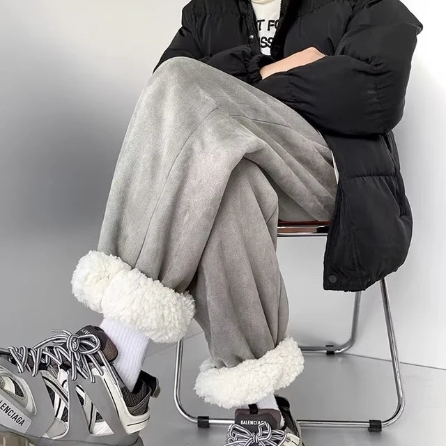 Men's Winter Ski Pants Lamb Wool Insulation Thickened Fleece Lining Trendy Deer Pattern Northeast Style Outerwear