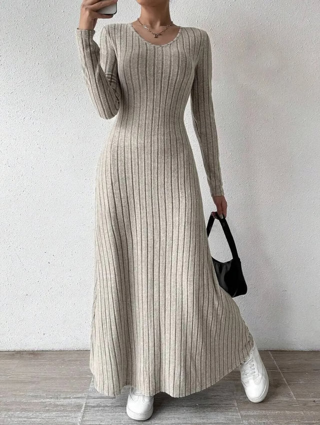 Elegant Knitted Long Sleeve Dress for Women Slimming A Line Dress Maxi Style