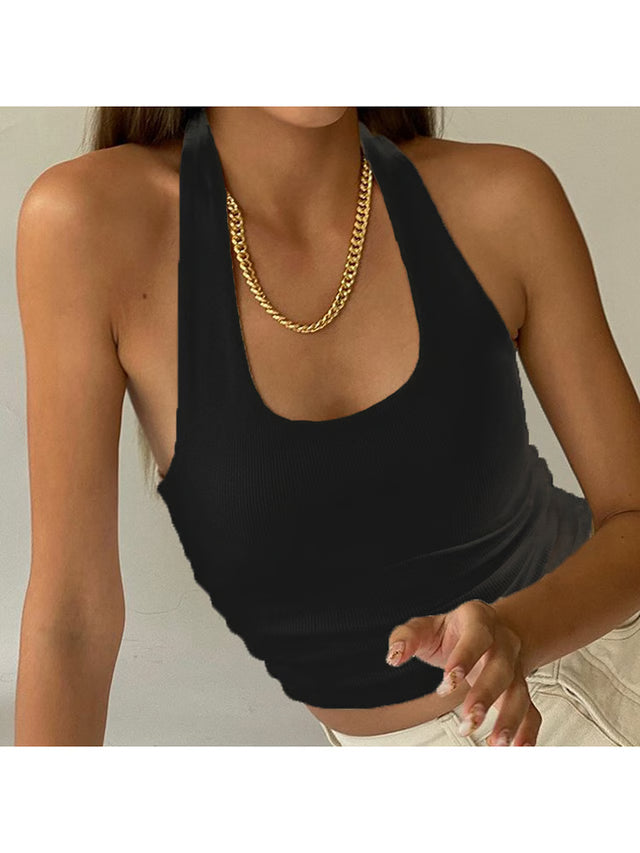 White Halter Sexy Backless Tank Top for Women, Sleeveless Ribbed Knit Vest, Cropped Streetwear