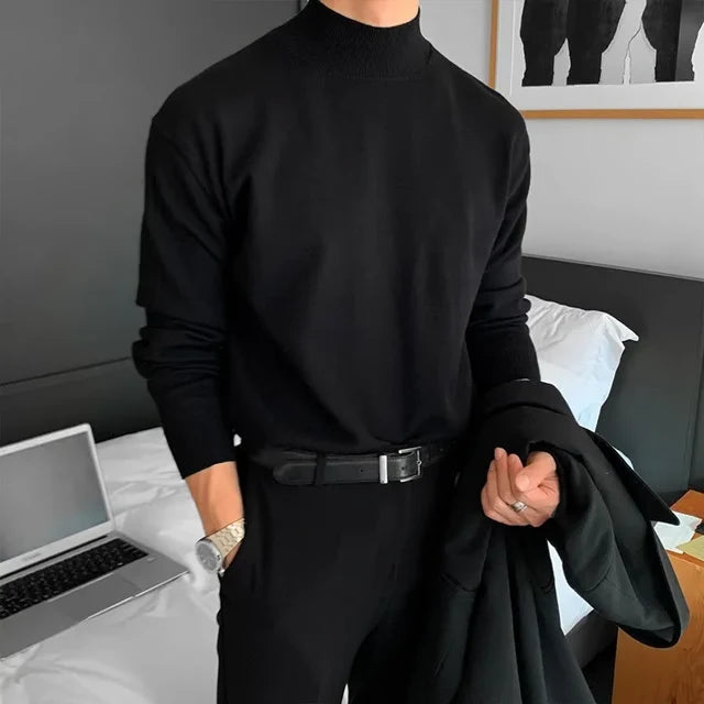 Mens Sweater - Half Polo Turtle Neck - Loose Fit Knit Top - Autumn Winter Base Layer