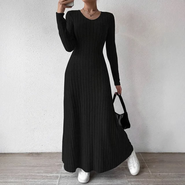 Elegant Knitted Long Sleeve Dress for Women Slimming A Line Dress Maxi Style