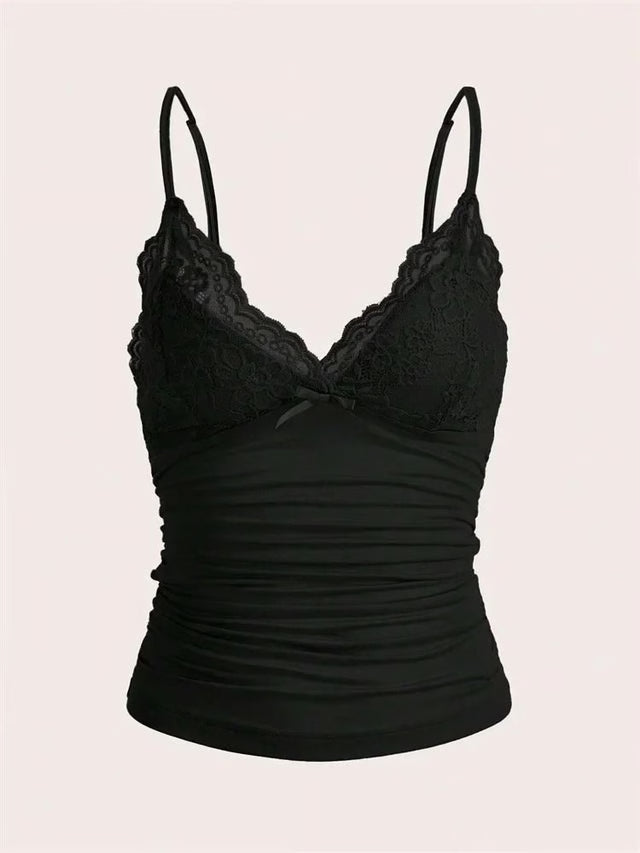 Contrast Lace Bow Front Crop Cami Top for Women