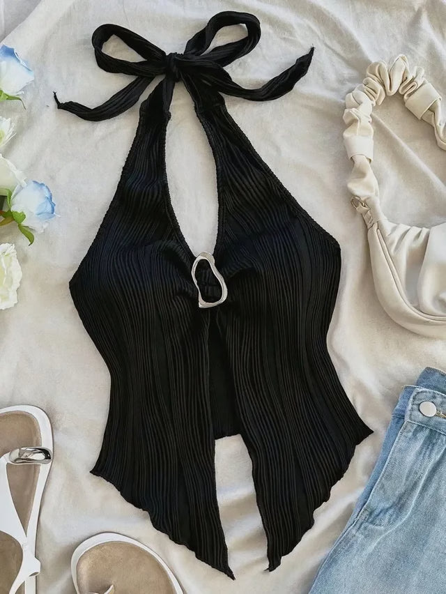 Aura V Neck Backless Halter Crop Top Chic Summer Festival Wear