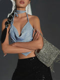 Glitter Halter Top Women Silk Ruched Backless Crop Top Summer Party Outfit