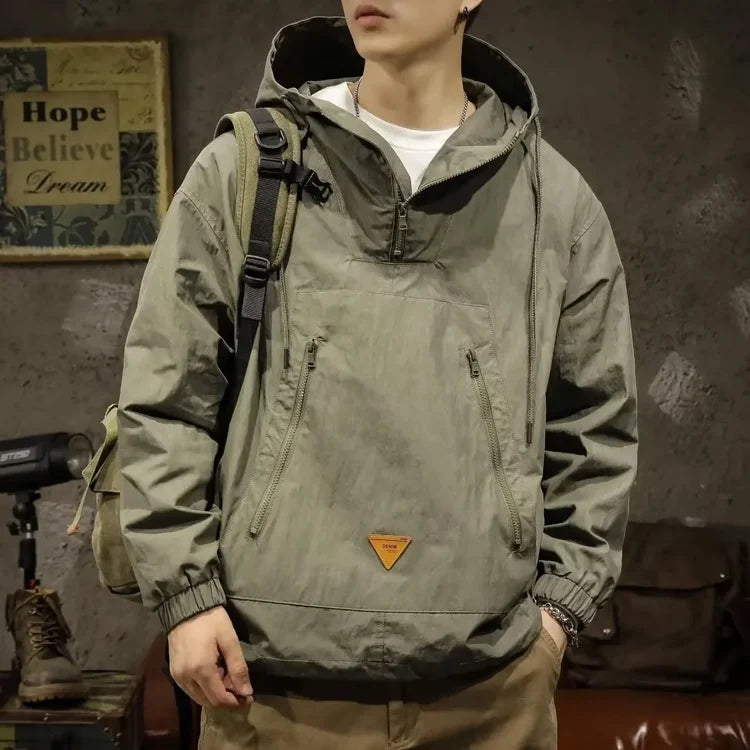 Mens Outdoor Workwear Jacket - Japanese Style Hooded Punching Clothes - Loose Fit Casual Half Zipper - Spring Autumn Coat
