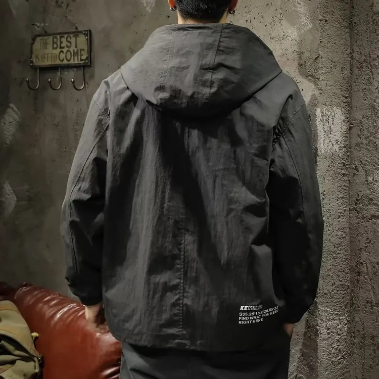 Mens Outdoor Workwear Jacket - Japanese Style Hooded Punching Clothes - Loose Fit Casual Half Zipper - Spring Autumn Coat