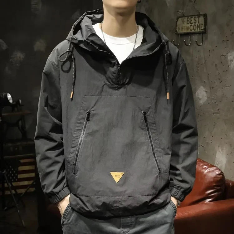 Mens Outdoor Workwear Jacket - Japanese Style Hooded Punching Clothes - Loose Fit Casual Half Zipper - Spring Autumn Coat